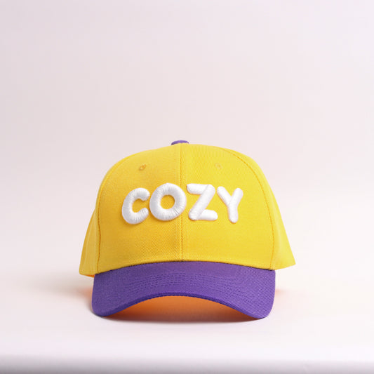 "COZY" Embroidered Two-Tone Baseball Cap | Yellow & Purple Streetwear Dad Cap