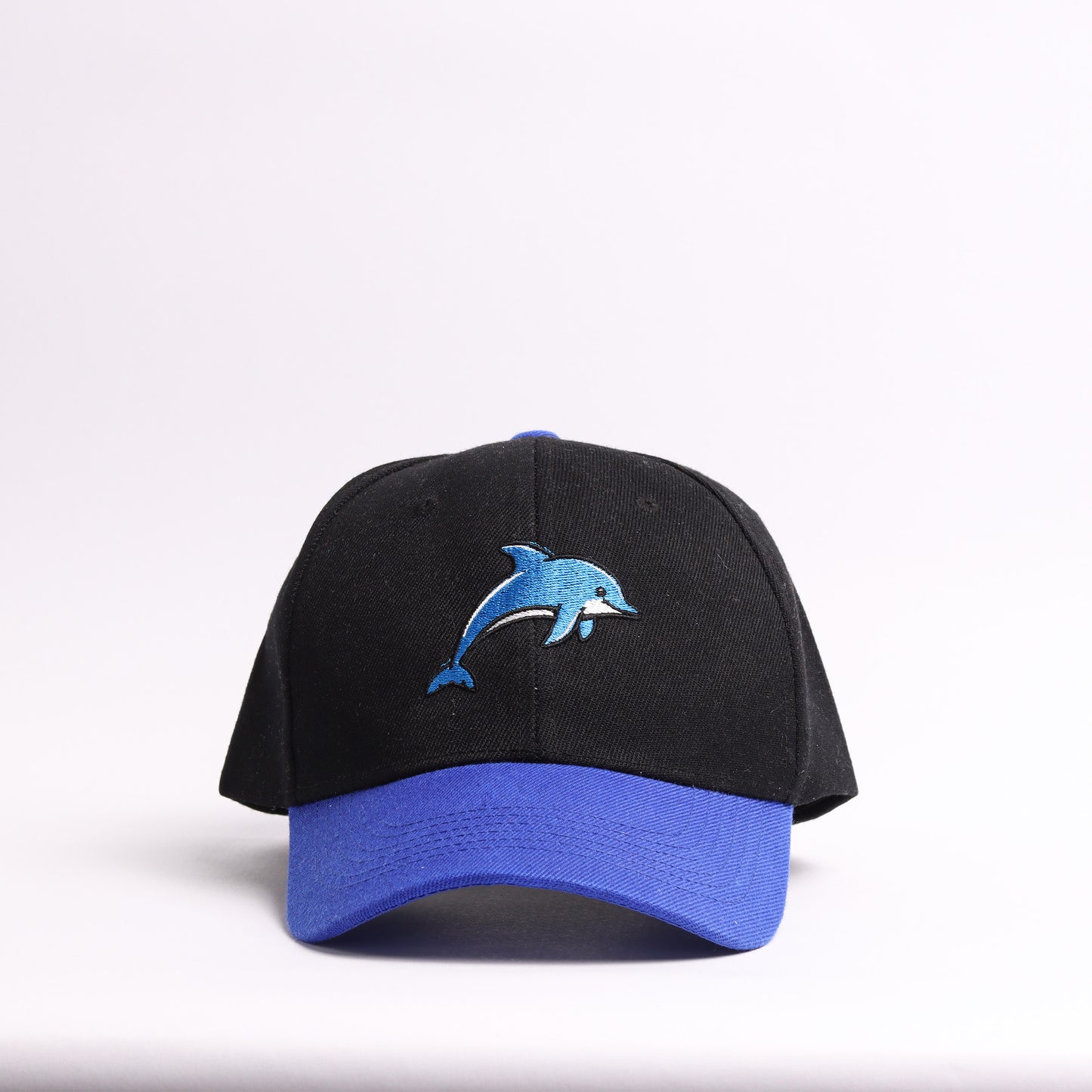 Embroidered Dolphin Mascot Baseball Cap | Black & Royal Blue Custom Marine Life Dad Hat
