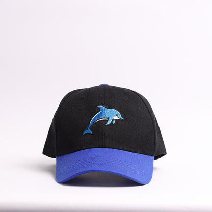 Embroidered Dolphin Mascot Baseball Cap | Black & Royal Blue Custom Marine Life Dad Hat