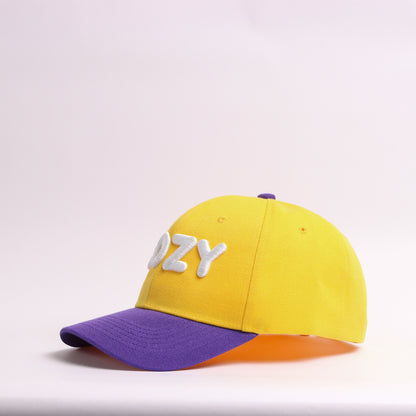 "COZY" Embroidered Two-Tone Baseball Cap | Yellow & Purple Streetwear Dad Cap