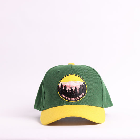 "Make More Detours" Mountain Patch Baseball Cap | Forest Green & Yellow Adventure Hat