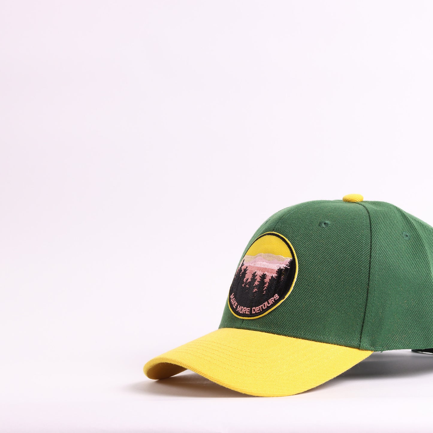 "Make More Detours" Mountain Patch Baseball Cap | Forest Green & Yellow Adventure Hat