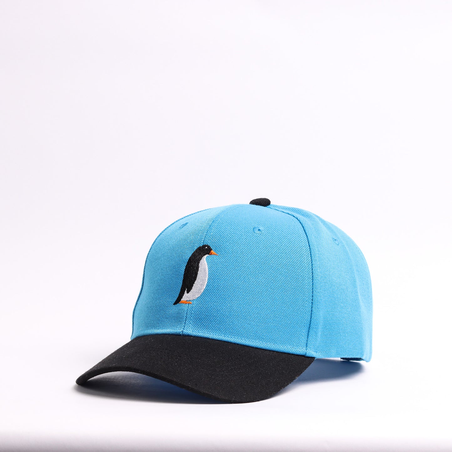 Embroidered Penguin Mascot Baseball Cap | Sky Blue & Black Custom Winter Vibes Dad Hat