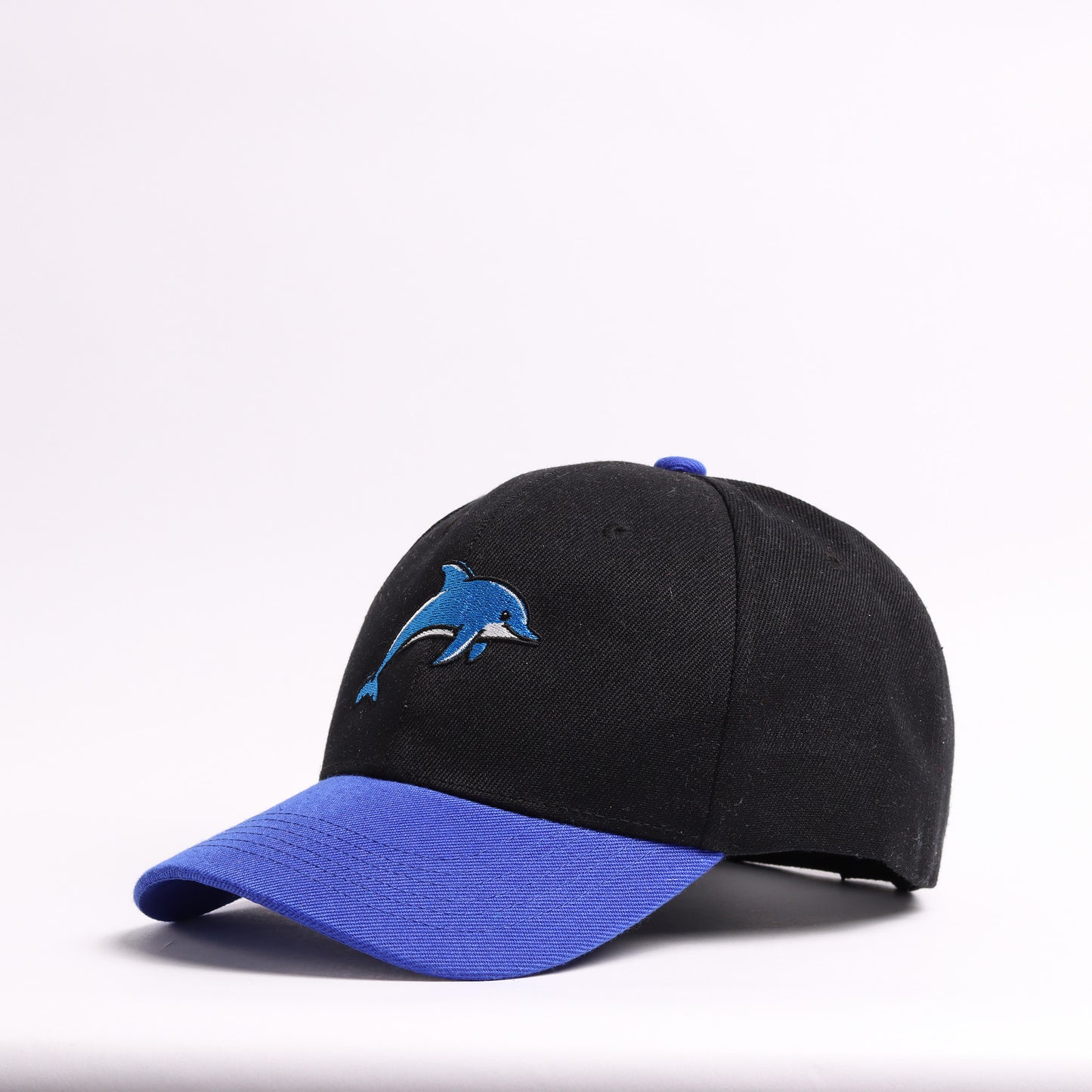 Embroidered Dolphin Mascot Baseball Cap | Black & Royal Blue Custom Marine Life Dad Hat