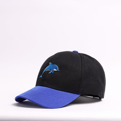 Embroidered Dolphin Mascot Baseball Cap | Black & Royal Blue Custom Marine Life Dad Hat