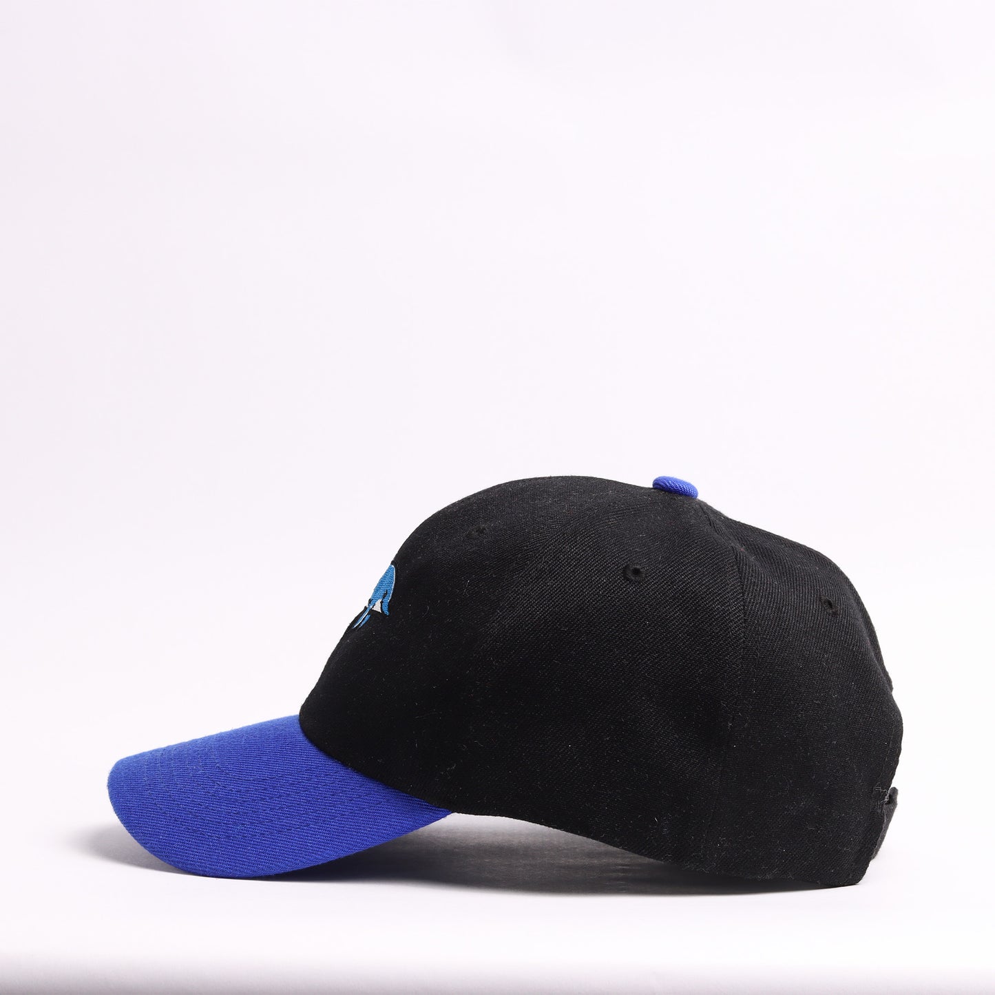 Embroidered Dolphin Mascot Baseball Cap | Black & Royal Blue Custom Marine Life Dad Hat