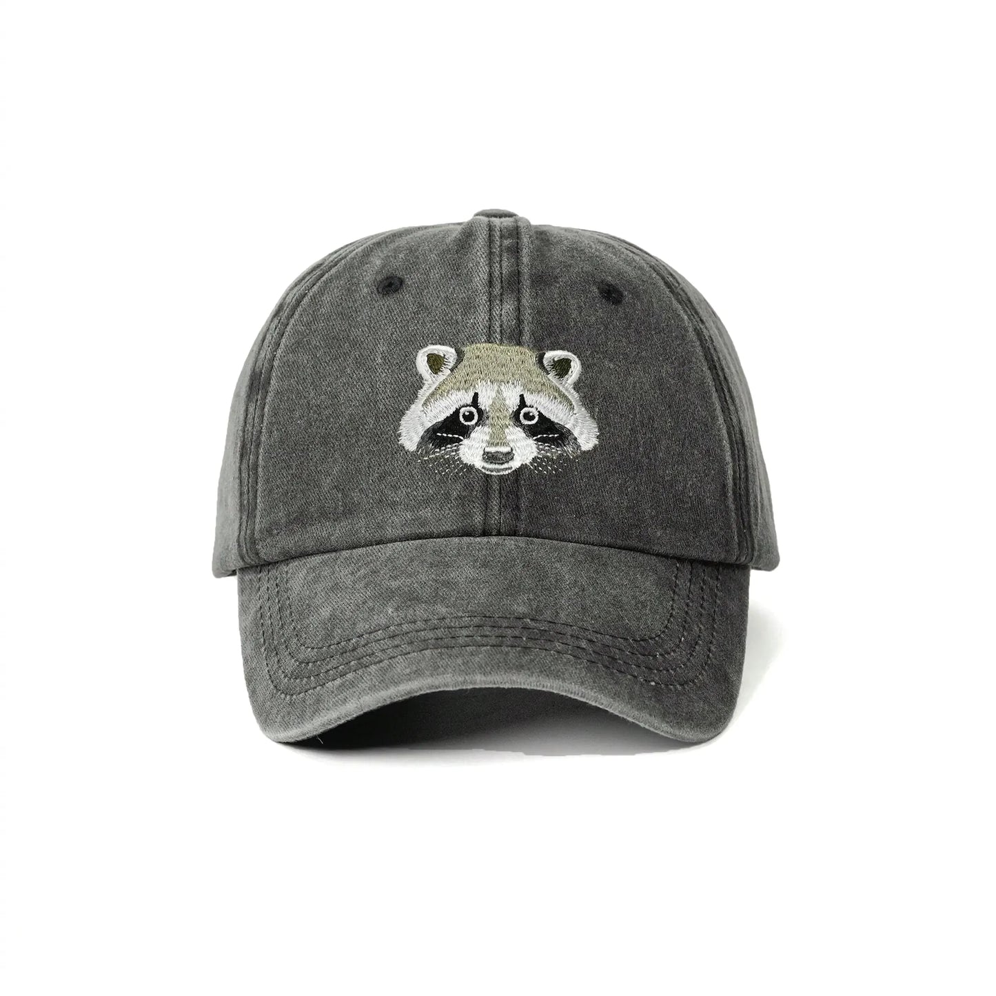 Washed Black Raccoon Embroidered Hat
