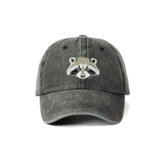 Washed Black Raccoon Embroidered Hat