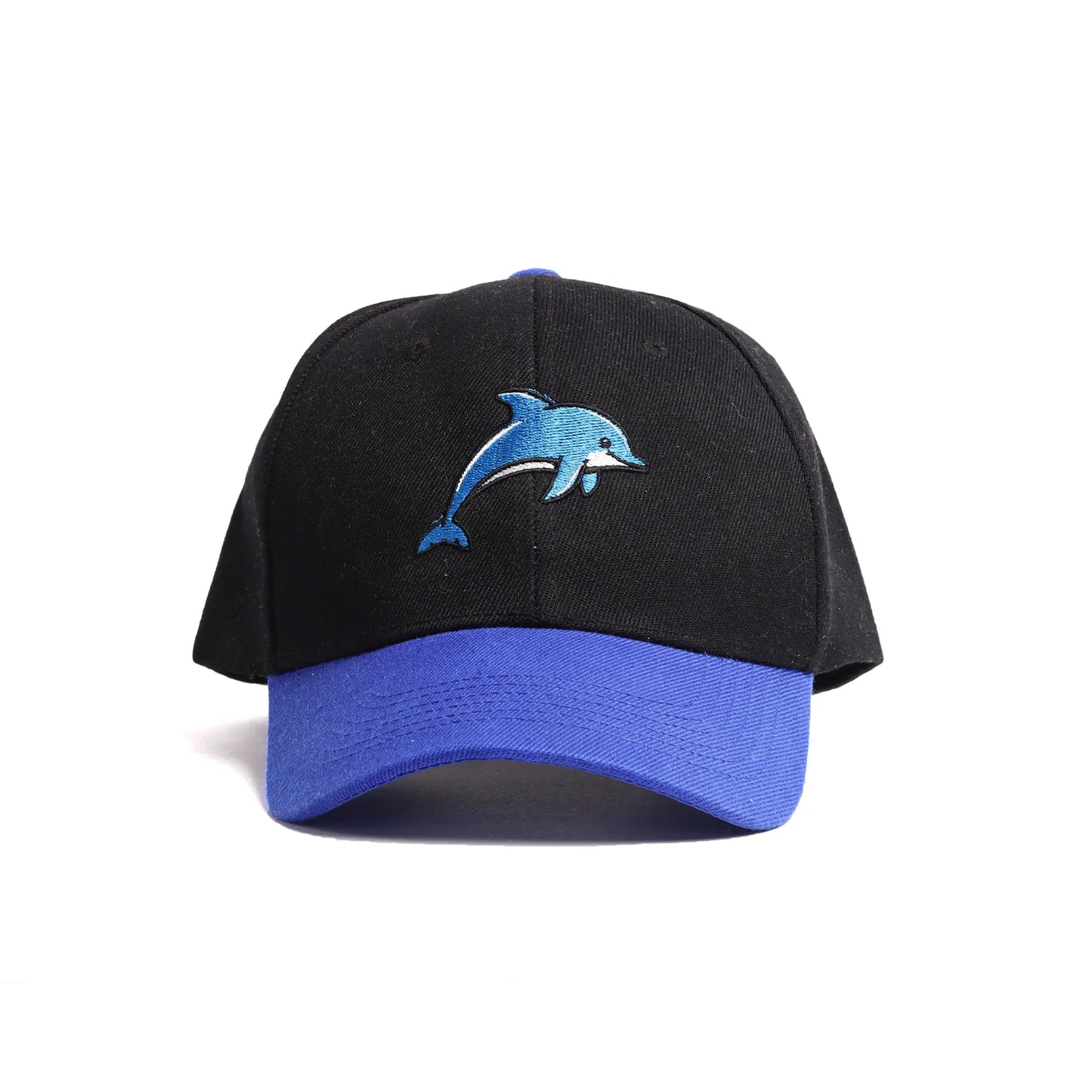 Embroidered Dolphin Mascot Baseball Cap | Black & Royal Blue Custom Marine Life Dad Hat