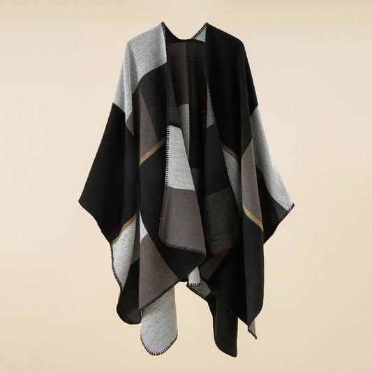 Elegant Colorblock Poncho Shawl – 160cm x 130cm of Cozy Sophistication