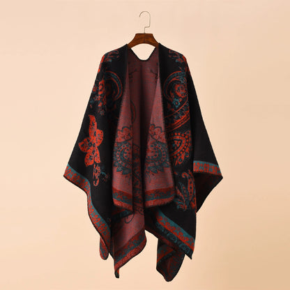 Dark Floral & Paisley Open-Front Poncho Shawl