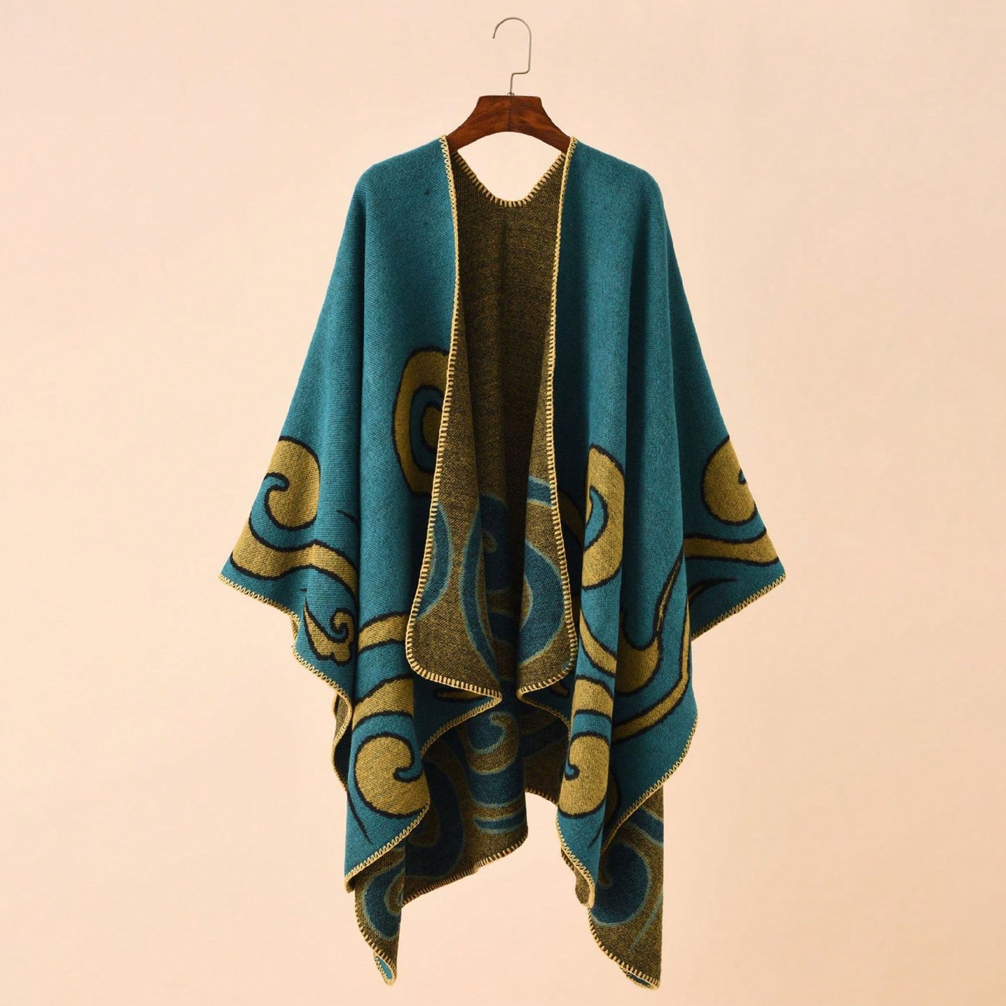 Regal Teal & Gold Swirl Reversible Knit Poncho | Oversized Shawl Cape (135x155cm)