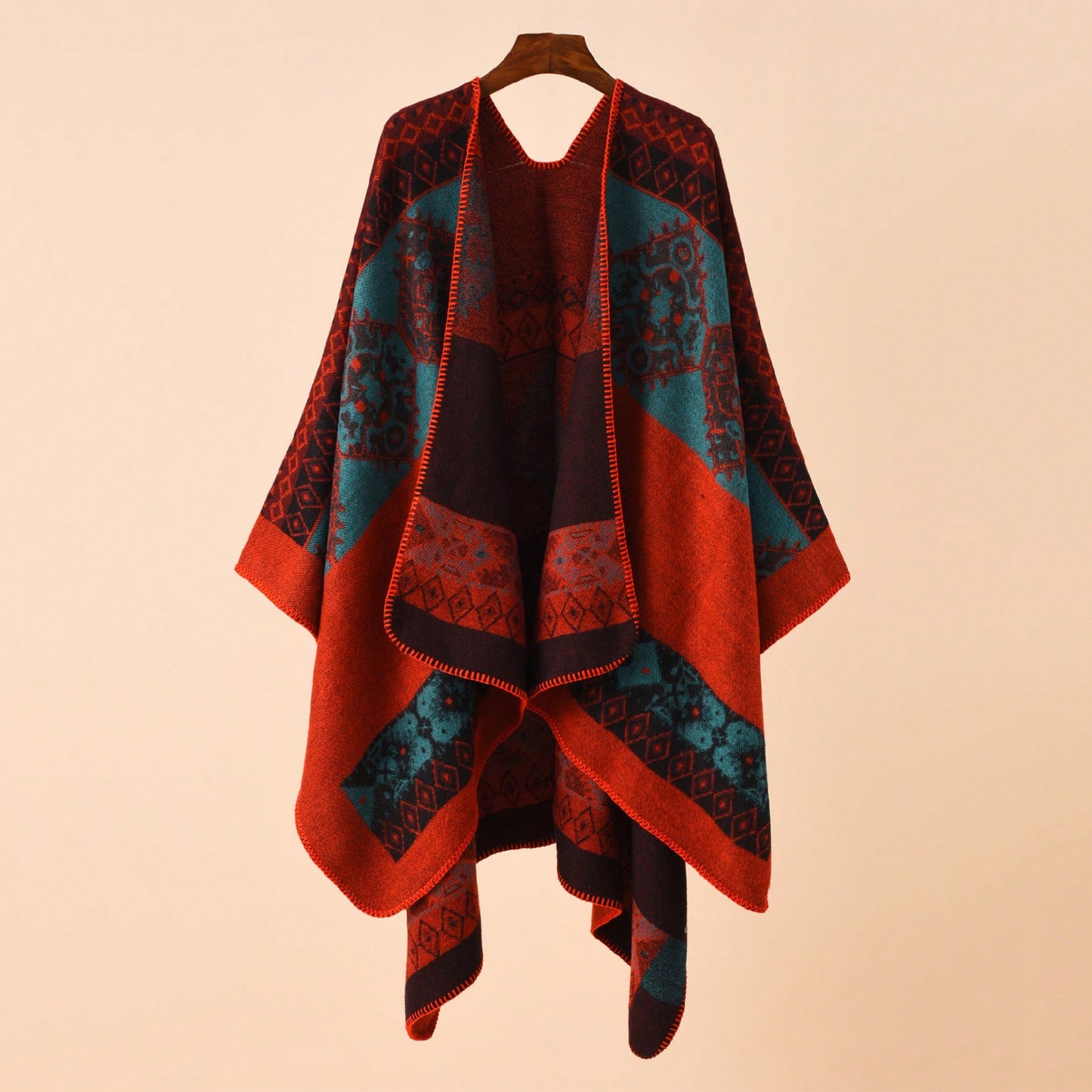 Bohemian Aztec Print Open-Front Knit Poncho