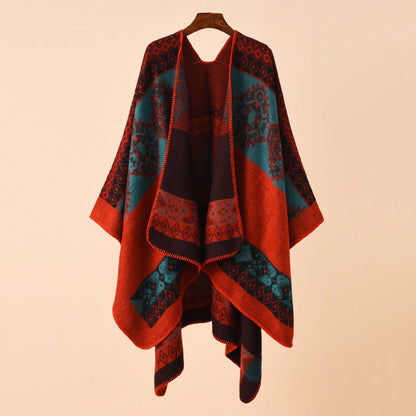 Bohemian Aztec Print Open-Front Knit Poncho