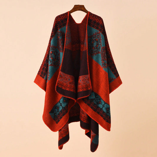 Bohemian Aztec Print Open-Front Knit Poncho