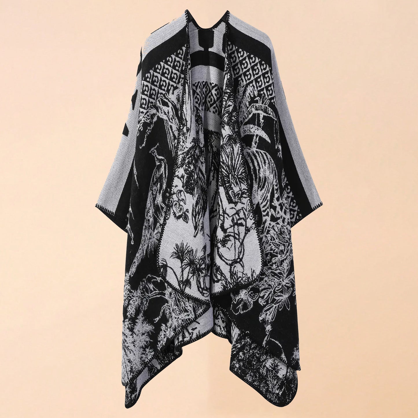 Monochrome Safari Reversible Poncho - Black & White Animal Print Wrap
