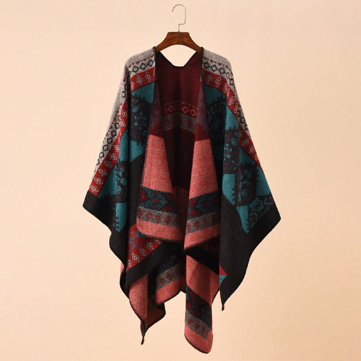 Boho Aztec Geometric Print Poncho | Oversized Open-Front Shawl Wrap (135x150cm)