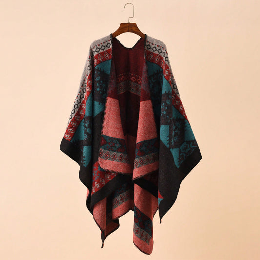 Boho Aztec Geometric Print Poncho | Oversized Open-Front Shawl Wrap (135x150cm)