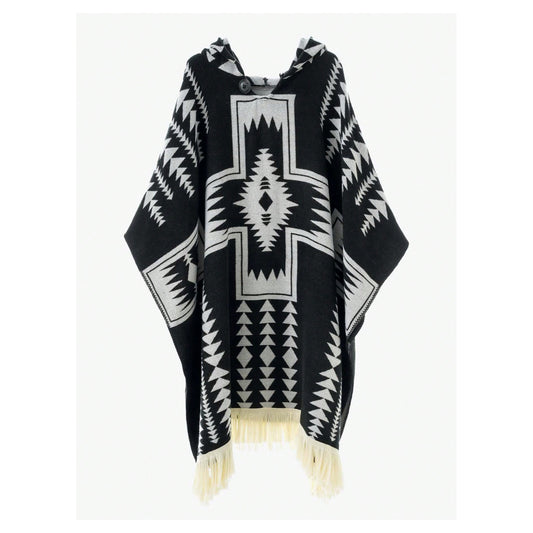 Premium Handmade Monochrome Navajo-Style Hooded Poncho