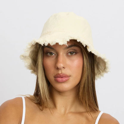 Beige Frayed Edge Bucket Hat