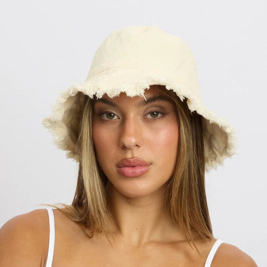 Beige Frayed Edge Bucket Hat
