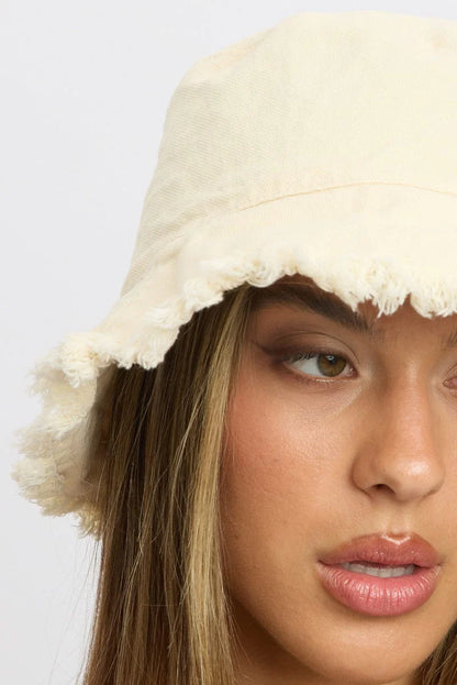 Beige Frayed Edge Bucket Hat