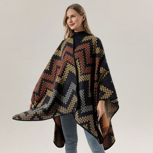 Midnight Ember Geometric Knit Poncho