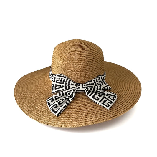 Athena Wide-Brim Straw Beach Hat with Geometric Bow – Premium Summer Headwear Lebanon