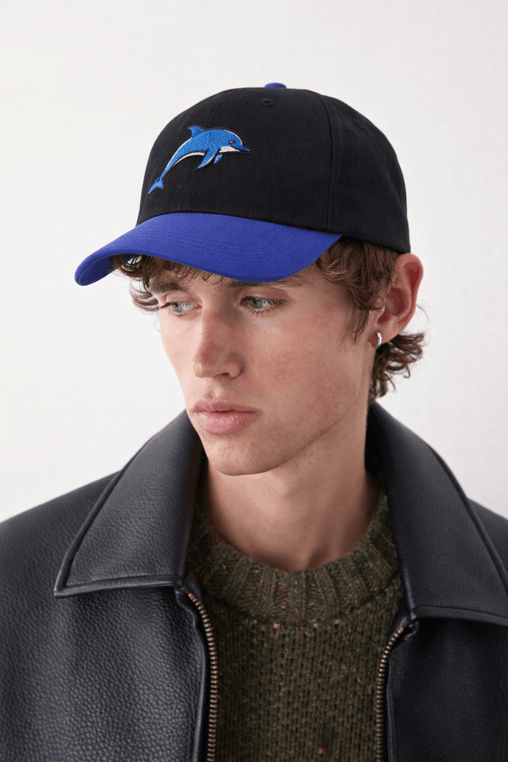 Embroidered Dolphin Mascot Baseball Cap | Black & Royal Blue Custom Marine Life Dad Hat
