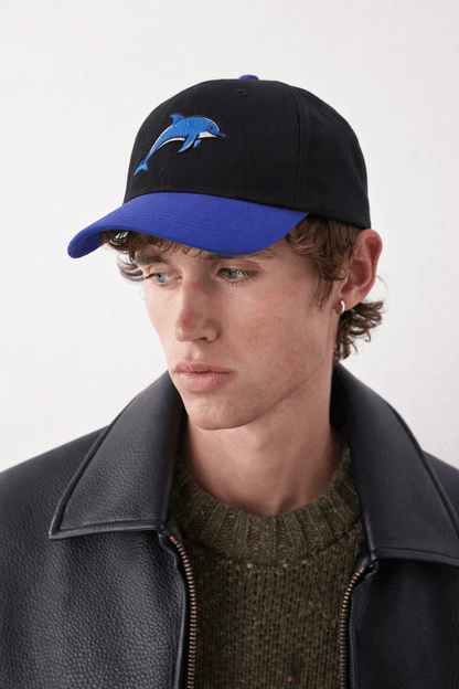 Embroidered Dolphin Mascot Baseball Cap | Black & Royal Blue Custom Marine Life Dad Hat