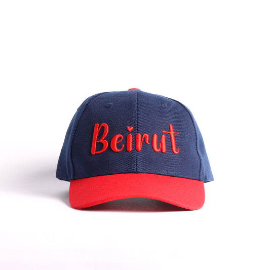 Beirut Embroidered Cap – Navy Blue & Red Puff Lettering Snapback Hat