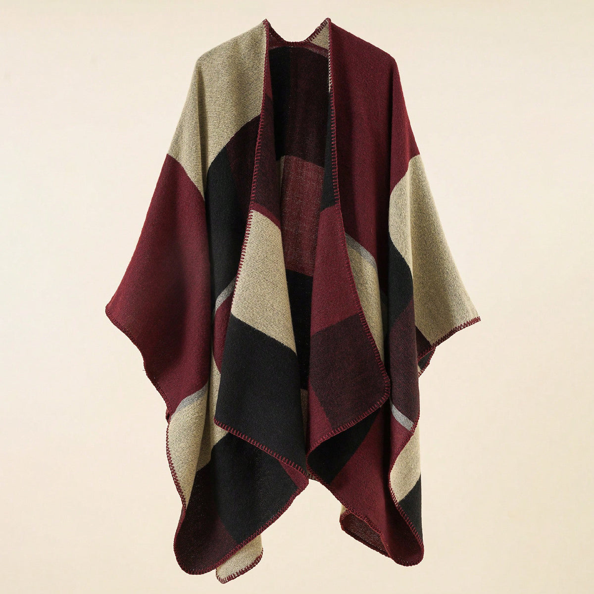 Burgundy and Beige Colorblock Open-Front Knit Poncho Wrap – 135x155 cm