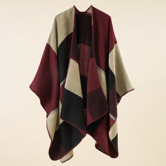 Burgundy and Beige Colorblock Open-Front Knit Poncho Wrap – 135x155 cm