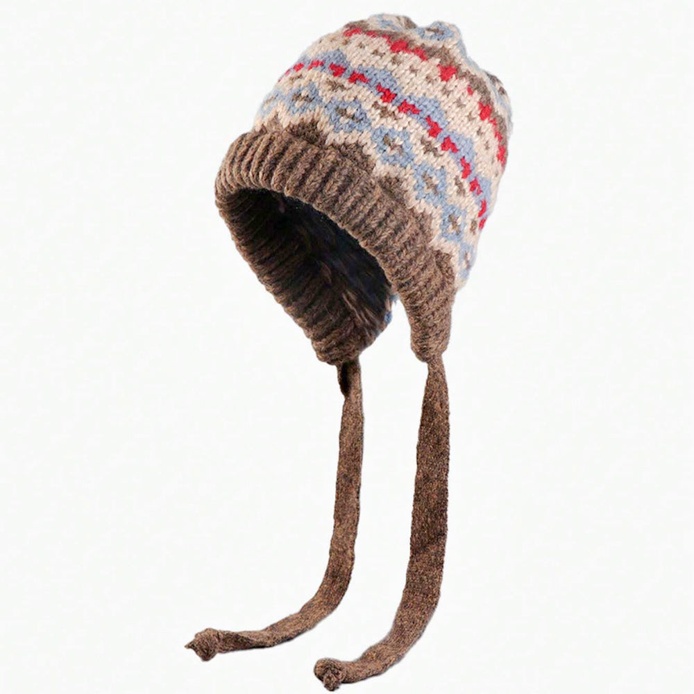 Handmade Knitted Winter Hat - Nordic Pattern with Earflaps & Ties