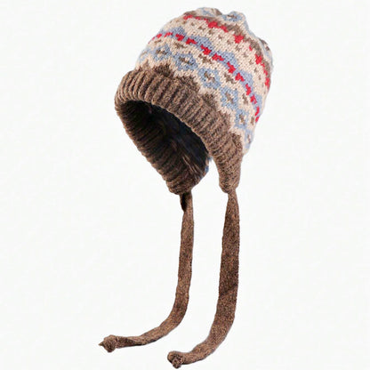 Handmade Knitted Winter Hat - Nordic Pattern with Earflaps & Ties