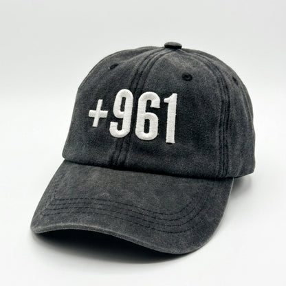 +961 Lebanon Country Code Embroidered Cap – Black Vintage Washed Lebanese Hat