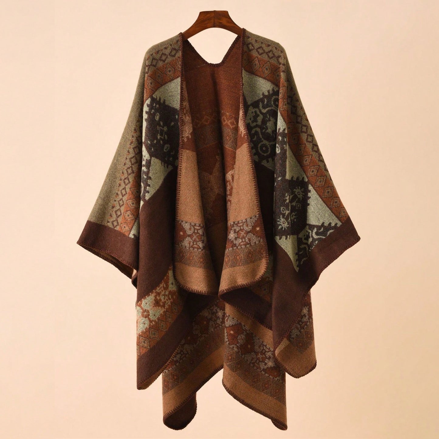 Earth Tone Aztec Geometric Poncho | Brown & Sage Oversized Shawl (135x150cm)