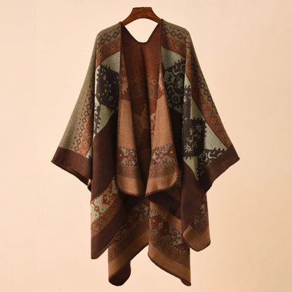 Earth Tone Aztec Geometric Poncho | Brown & Sage Oversized Shawl (135x150cm)