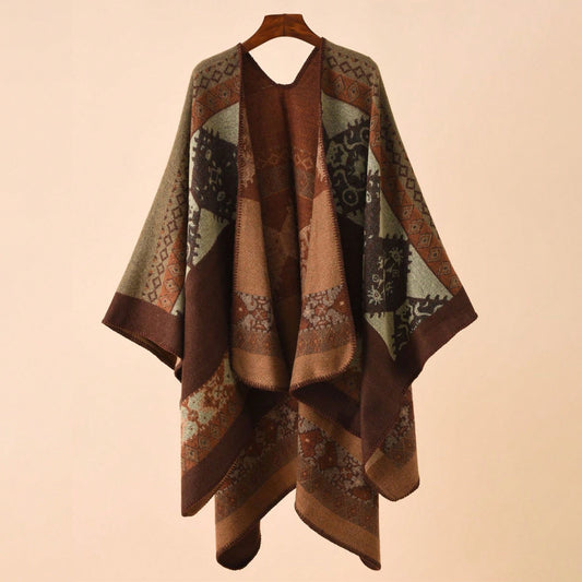 Earth Tone Aztec Geometric Poncho | Brown & Sage Oversized Shawl (135x150cm)