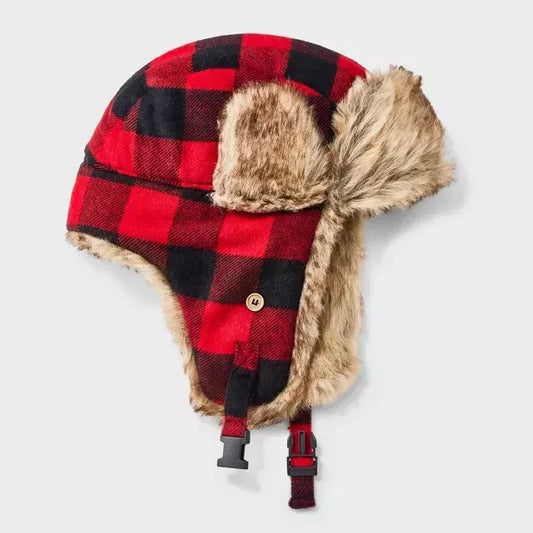 Goodfellow & Co Checkered Red & Black Faux Fur Trapper Hat