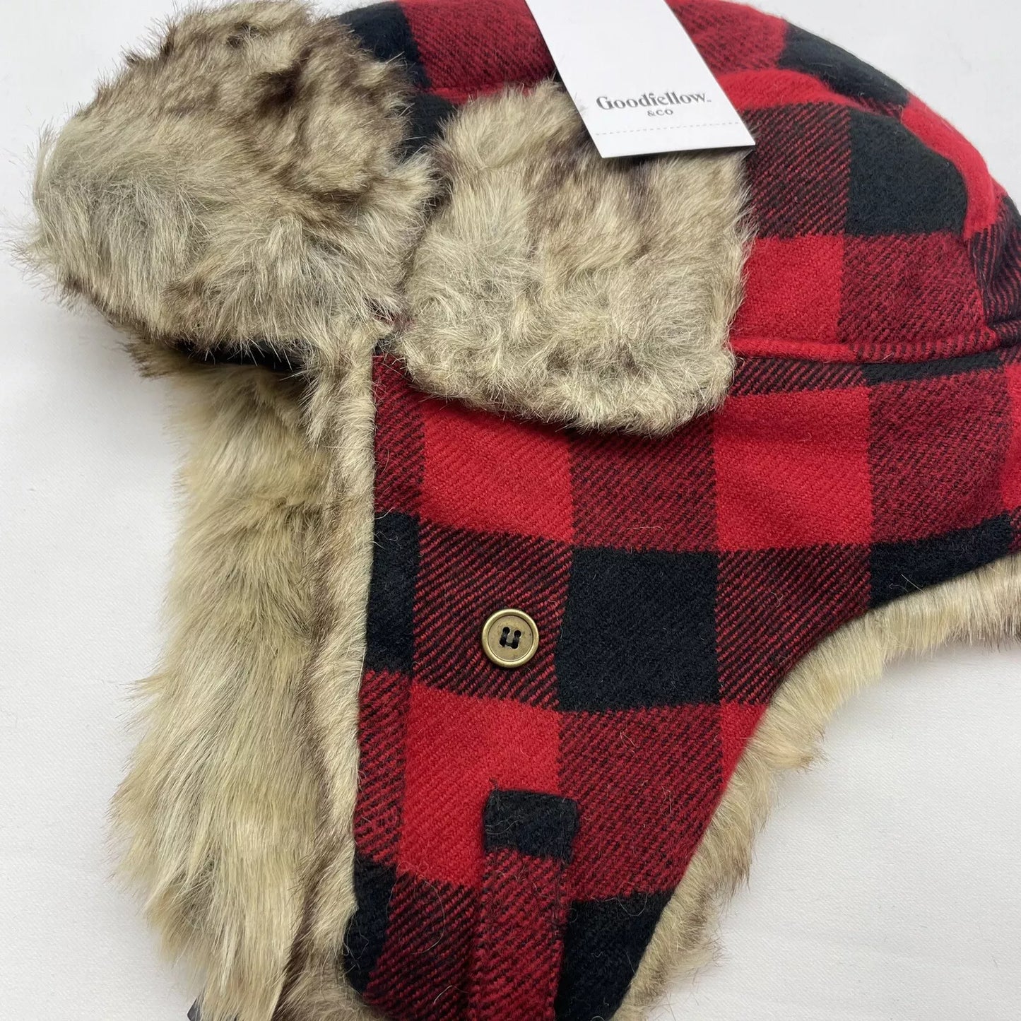 Goodfellow & Co Checkered Red & Black Faux Fur Trapper Hat