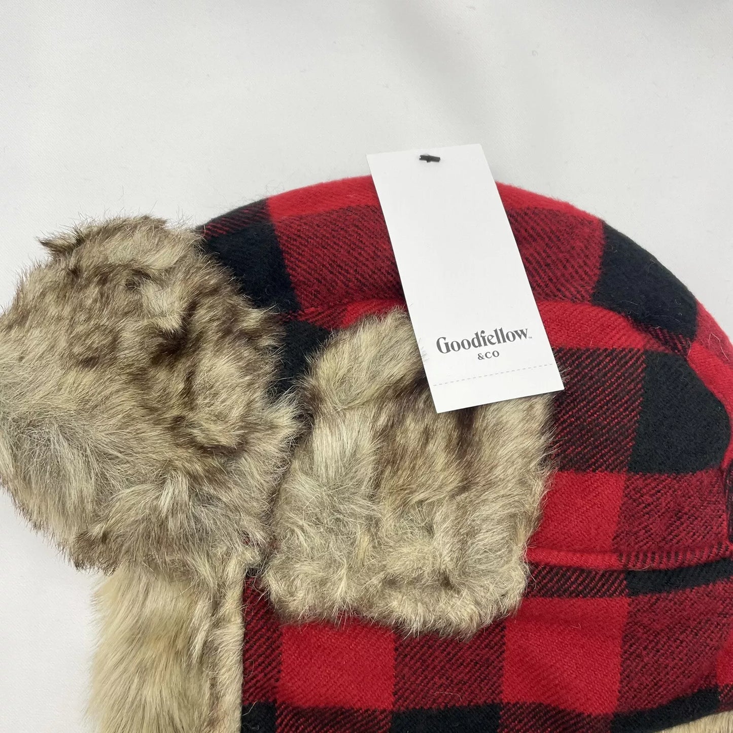 Goodfellow & Co Checkered Red & Black Faux Fur Trapper Hat