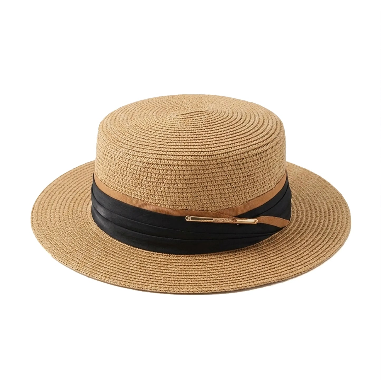 Elegance Straw Boater Hat – Flat Brim Sun Hat with Silk-Blend Ribbon