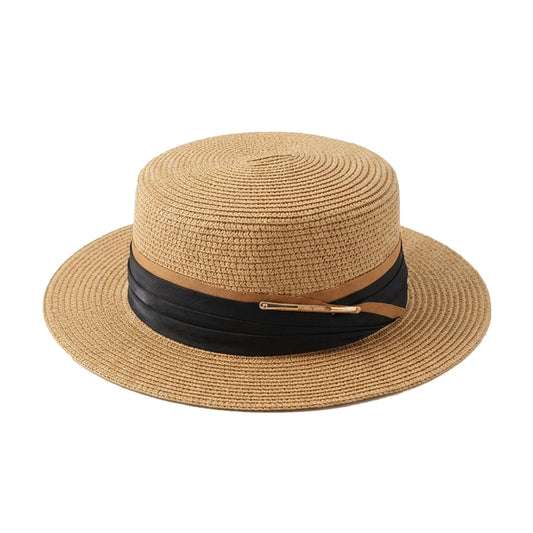 Elegance Straw Boater Hat – Flat Brim Sun Hat with Silk-Blend Ribbon